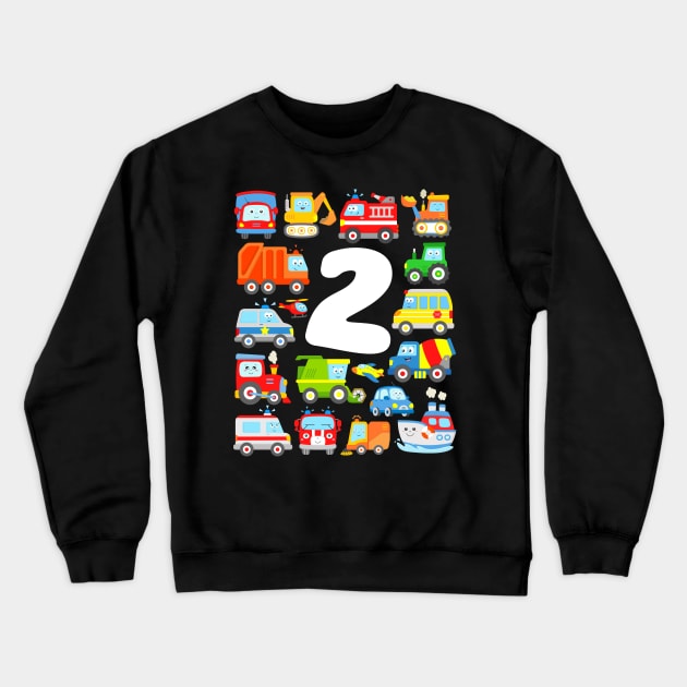 Kids 2nd Birthday Boy 2 Years Cars Vehicles Boat Plane Police Firefighter Crewneck Sweatshirt by samshirts